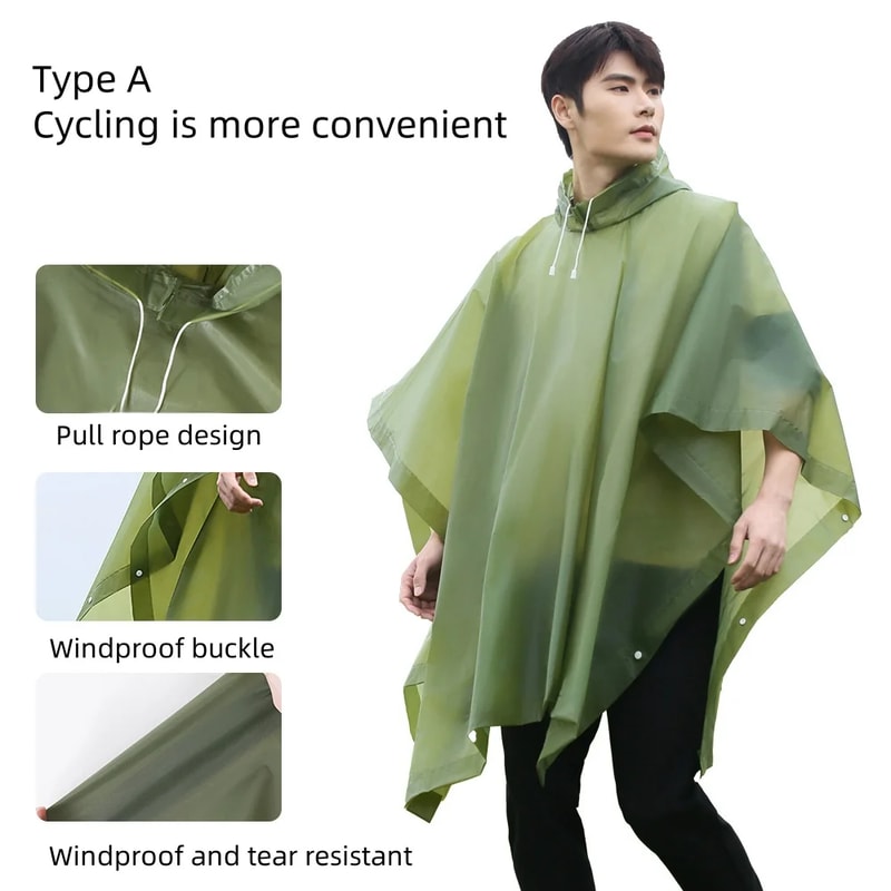 Hood Waterproof Thicken Poncho, Reusable Raincoat with Drawstring, Travel Bicycle Ponchos, Adults Outdoor Rain Coat