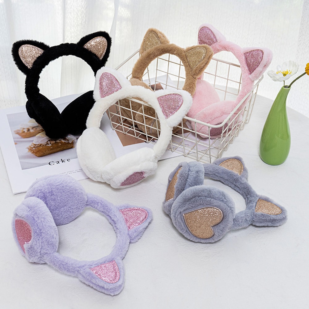 Fashion Solid Earflap Outdoor Cute Glitter Cat Ear Earmuff Soft Plush Warmer Winter Warm For Women 0