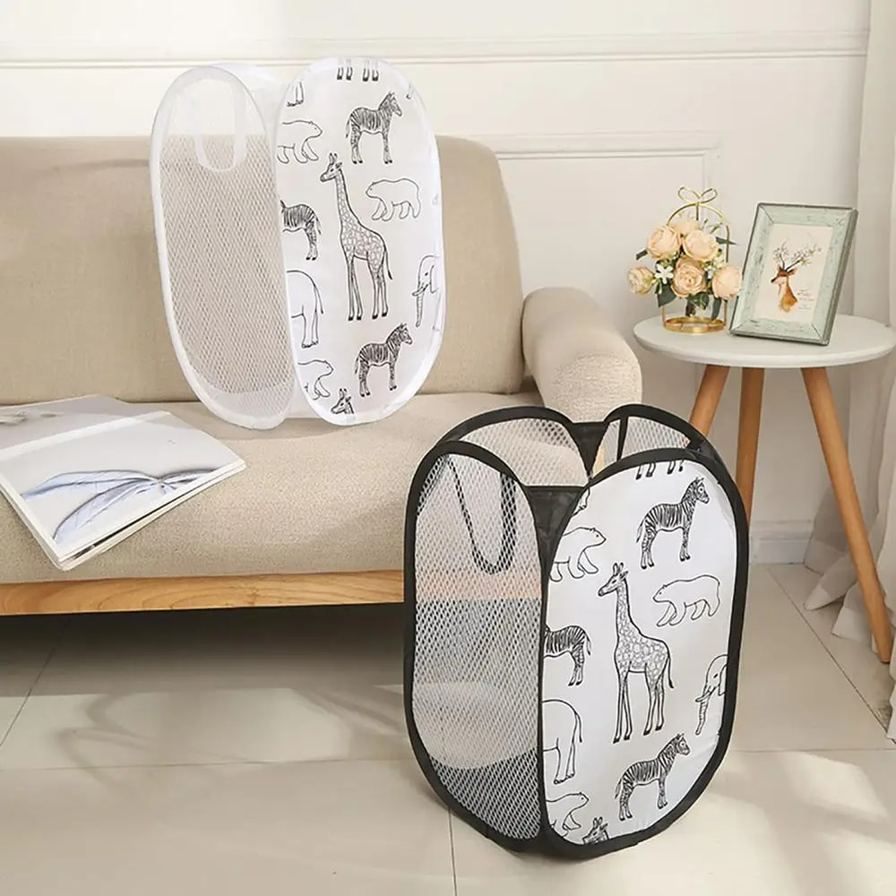 Breathable Dirty Clothes Storage Basket, Cartoon Foldable Basket, Three Sided Grid Organizer