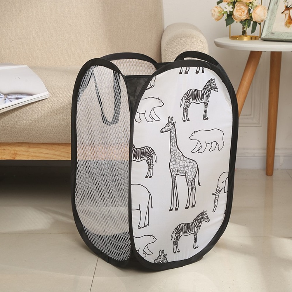 Breathable Dirty Clothes Storage Basket, Cartoon Foldable Basket, Three Sided Grid Organizer