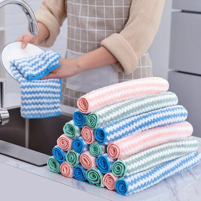 Kitchen Household Scouring Pad Rag, Coral Fleece, Water Absorbing and Oil Resistant