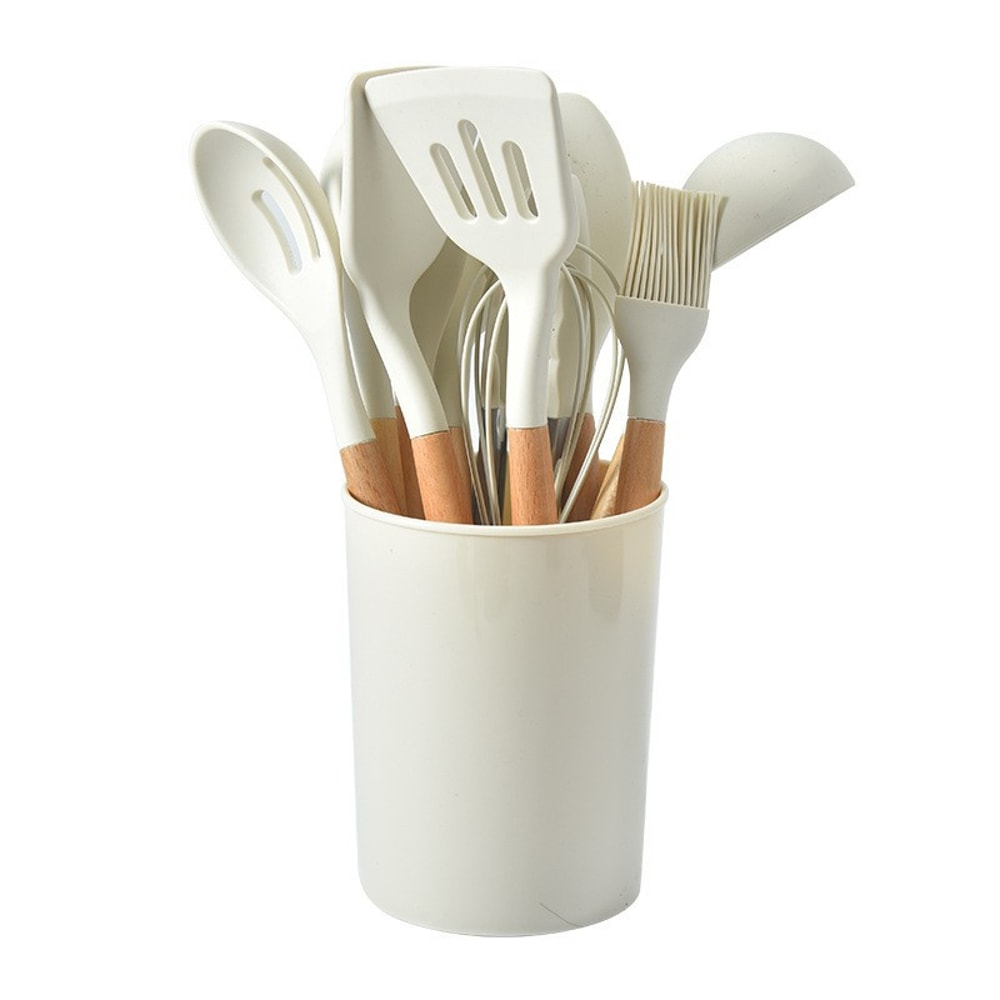 Non-Stick Silicone Kitchen Utensil Set with Wooden Handles, Ladle, Whisk, Spatula & Storage Rack for Cooking and Baking
