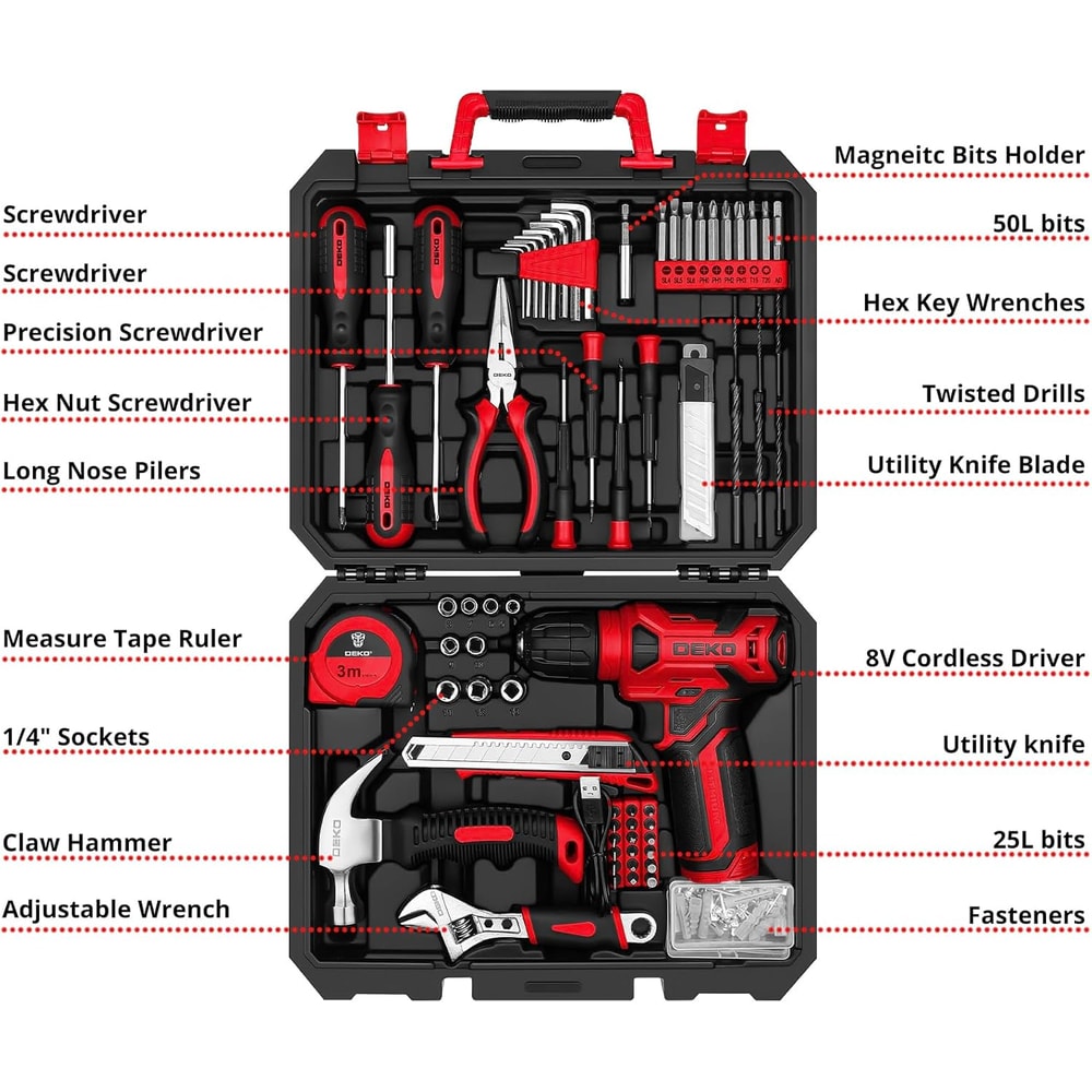 Hand Tool Kits for Women, Tool Set with Red Cordless Drill for Home Use