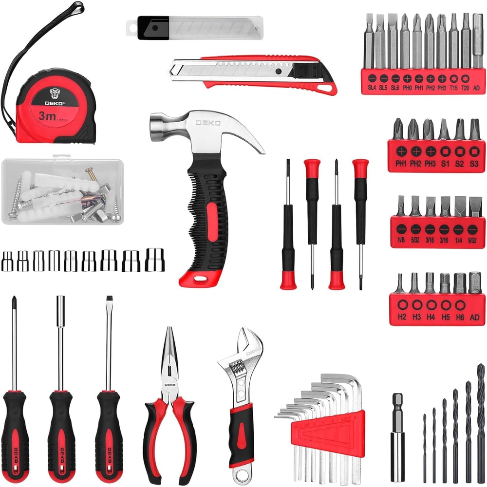 Hand Tool Kits for Women, Tool Set with Red Cordless Drill for Home Use