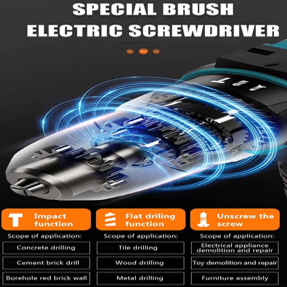 Lithium Battery Cordless Impact Drill, Multifunctional Electric Drill, Rechargeable Speed Power Tool, Screwdriver