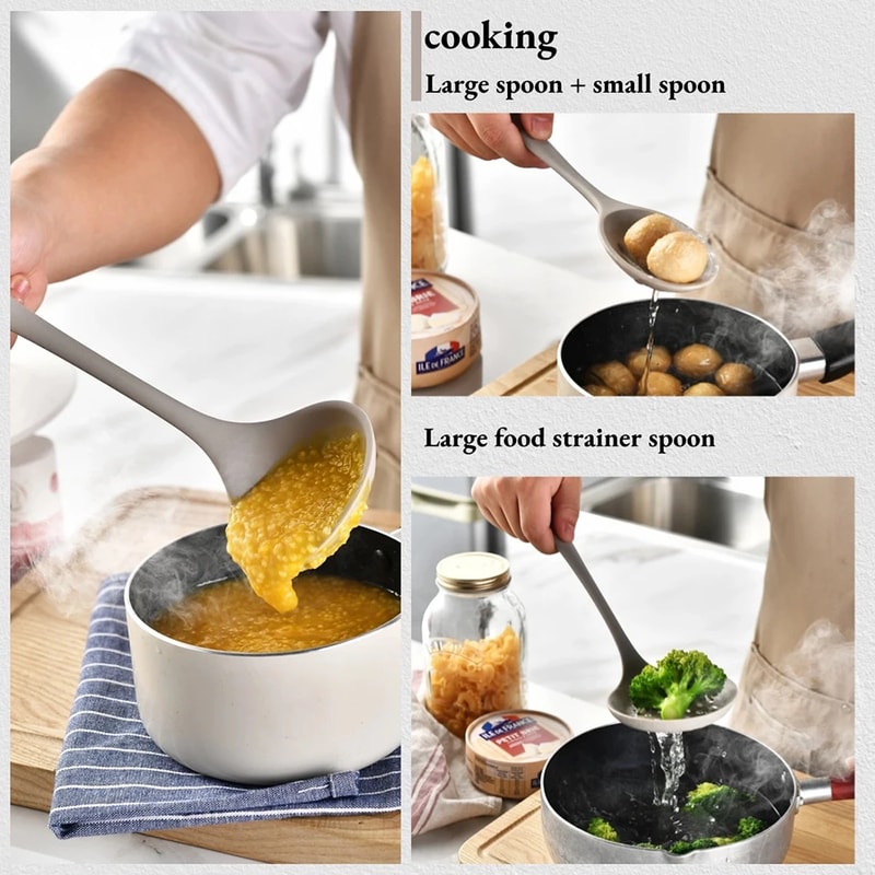 Silicone Kitchenware Set, Khaki Turner Spatula, Soup Spoon & Cooking Tools, Food Grade Utensils for Cooking and Serving