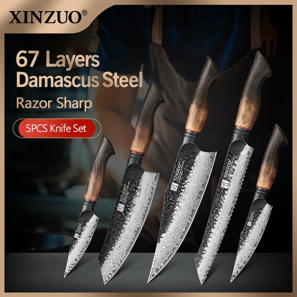 Utility Santoku Chef Knife Set Oak Handles Paring Bread Knife Easy Handling And Great Grip Knives 2