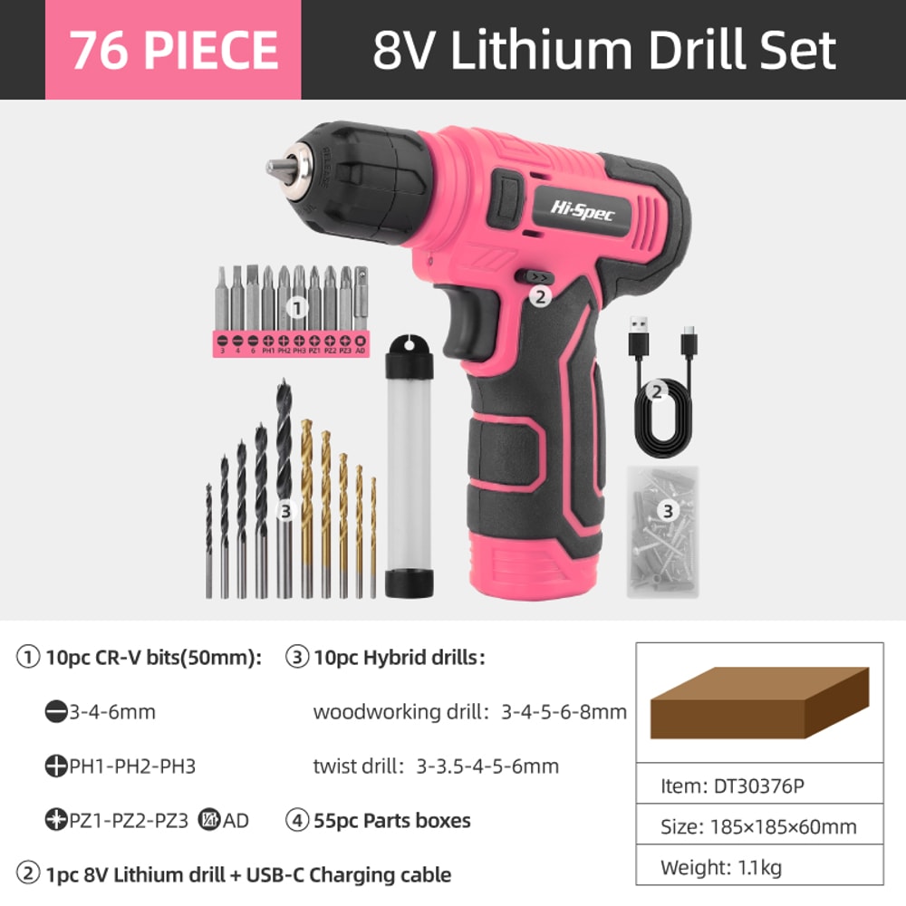 Pink Home Repair Tools Kit Set Power Tool Sets With Lithium Drill Magnetic Precision Bits Toolbox 7