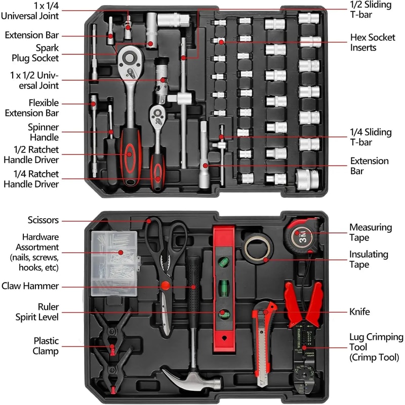 Hand Tools for Daily Use, Home Repair Tool Kit with Wrenches, Socket and Trolley Case