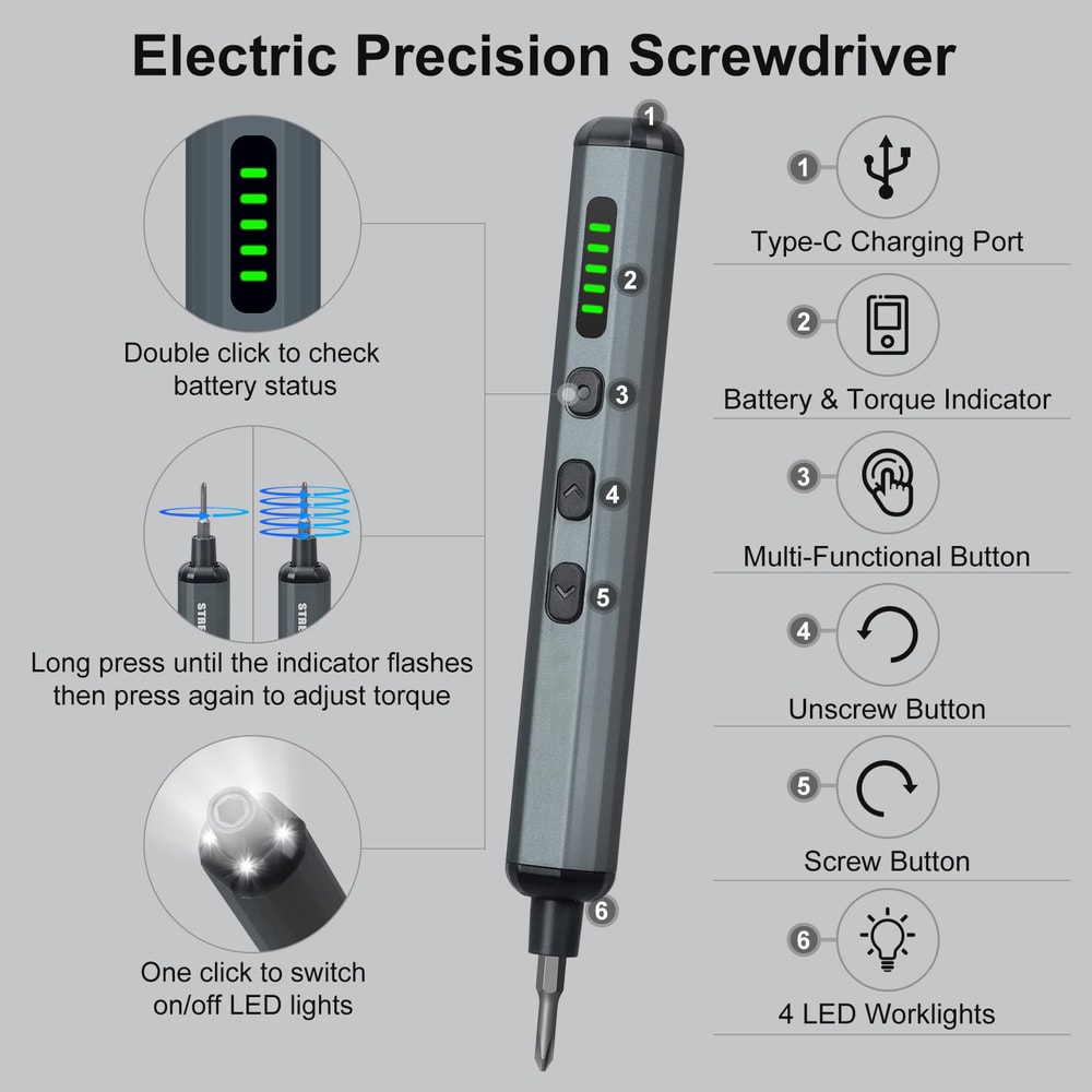 Electric Screwdriver Set With Torque Settings Cordless Precision Drill Bits LED Hand Tool Kit 1