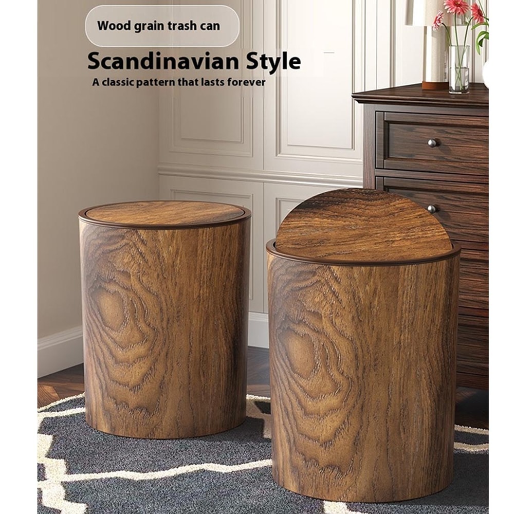 Office Wastebasket With Swing Lid Imitation Wood Kitchen Garbage Container Bin For Home Bathroom 0