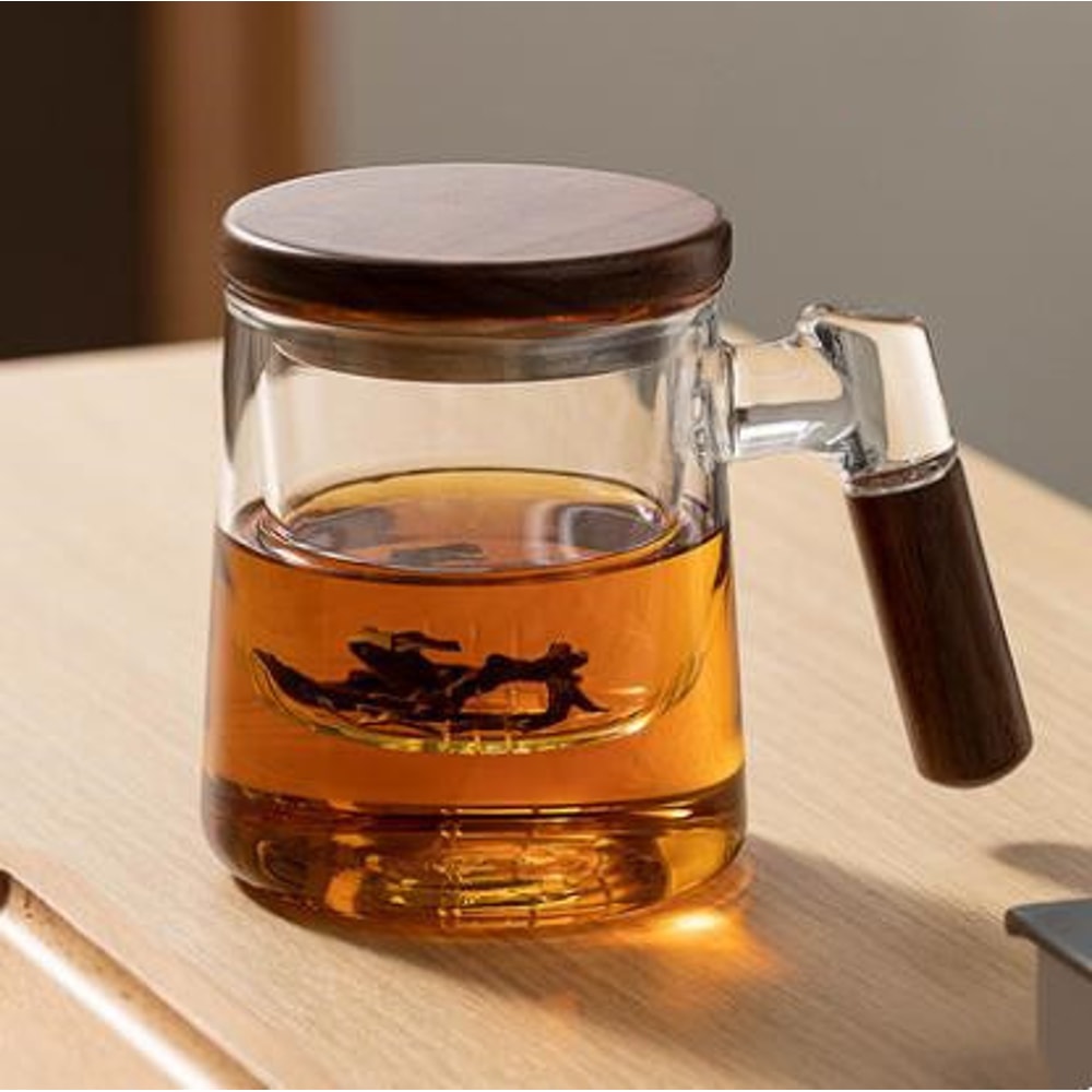 Scented Tea Cup, Walnut Wooden Handle Lid Filter Glass Mug with Tea Water Separation for Office and Floral Teas