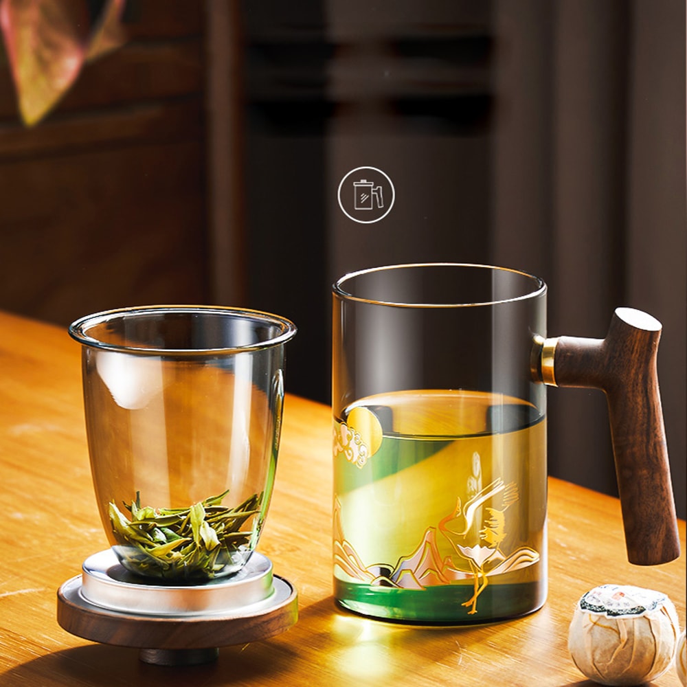 Heat Resistant Glass Tea Cup With Wooden Handle Gianxi Chinese Tea Cup With Filtered Tea Strainer F 2