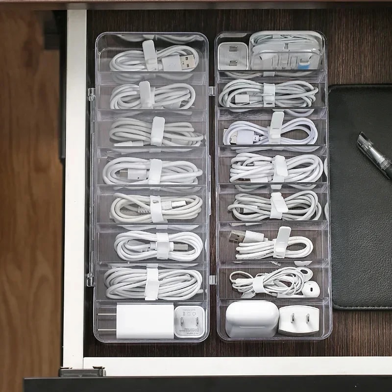 Data Cable Storage Box Household Charger Organizer Transparent Plastic Cable Box With Divided Compa 1