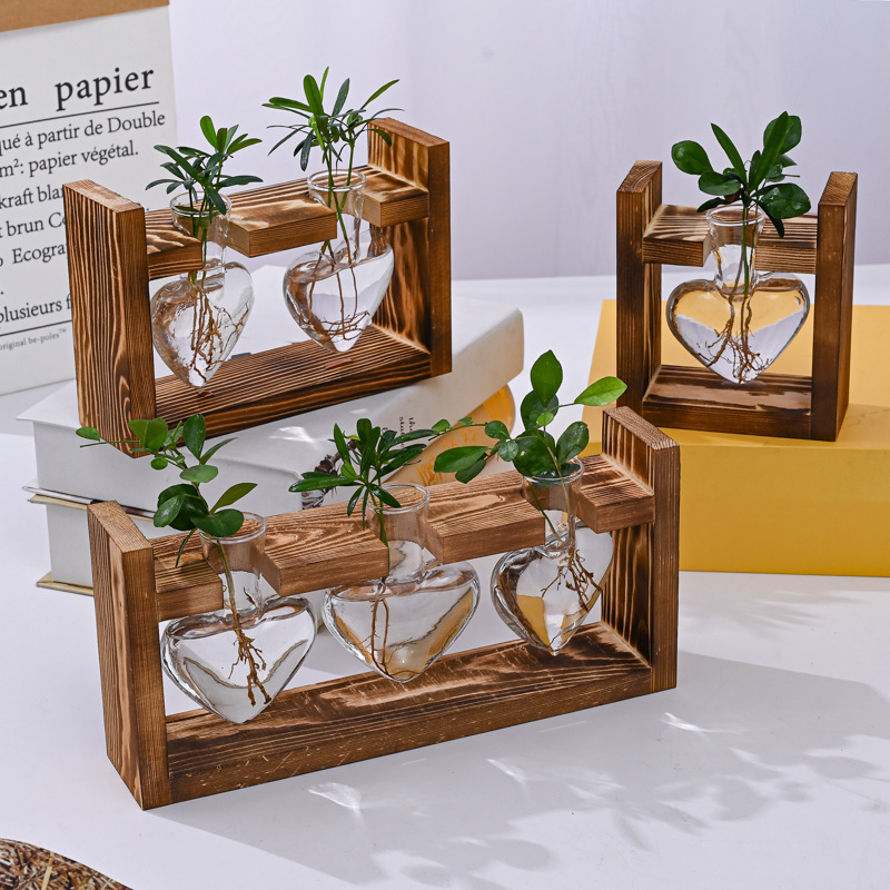 Heart Shape Wooden Frame Glass Vase Vintage Bonsai Hydroponic Plant Vase For Wedding 0