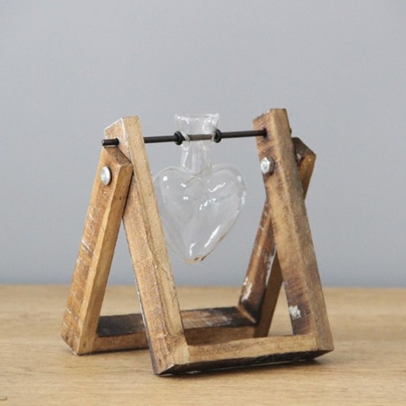 Heart Shape Wooden Frame Glass Vase Vintage Bonsai Hydroponic Plant Vase For Wedding 5
