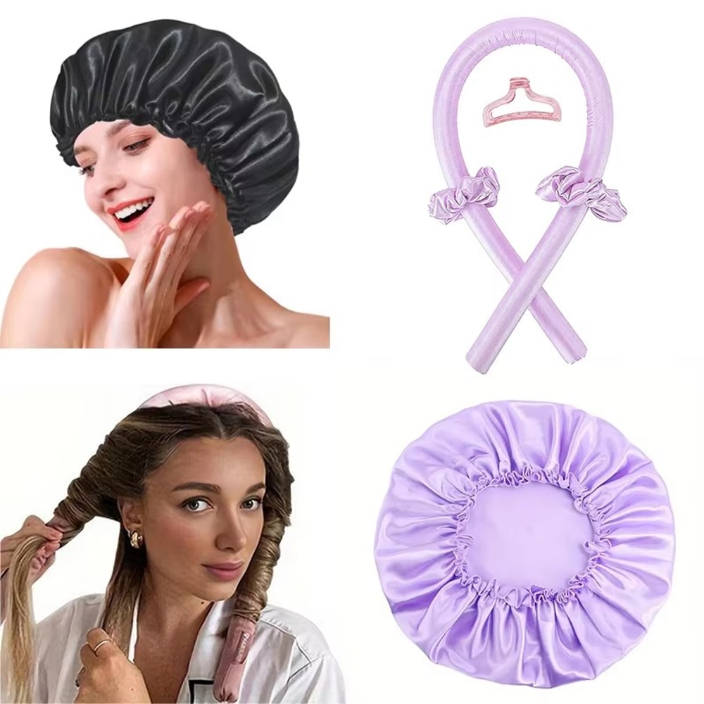 Satin Silk Hair Curler Sleeping Cap Natural Curly Hair Headwrap Set Long Hair Wave Care Tool 6