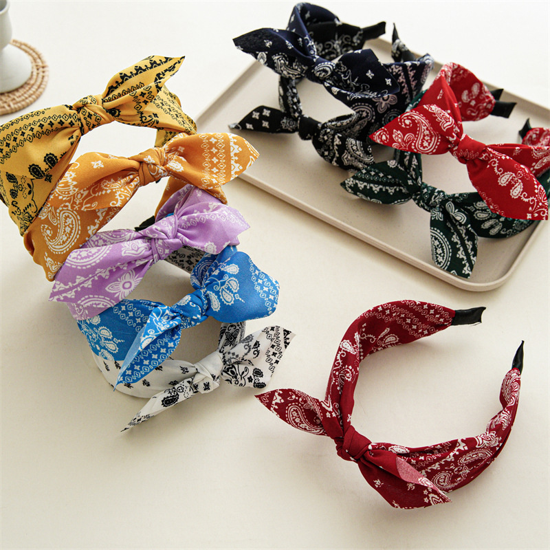 Fashion Paisley Bandana Headband for Women, Cute Rabbit Ear Hair Band, Top Knotted Bow Turban Headwrap Accessories