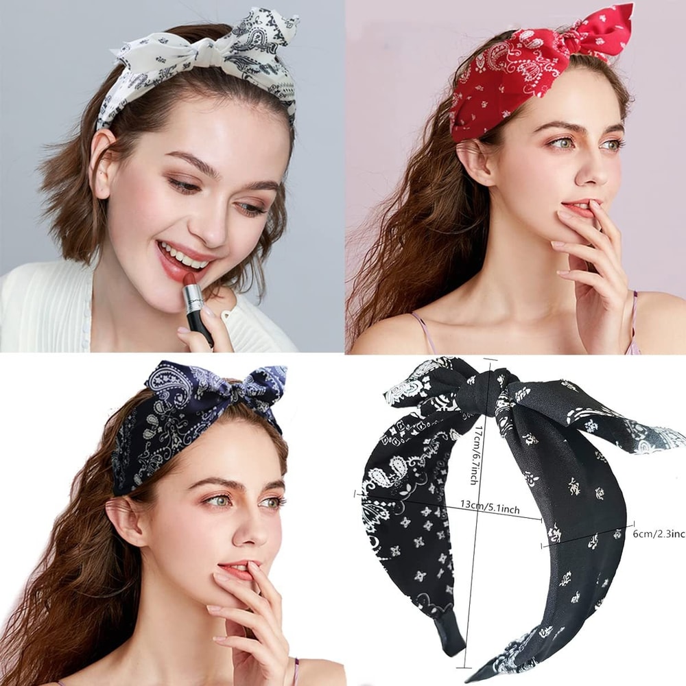 Fashion Paisley Bandana Headband for Women, Cute Rabbit Ear Hair Band, Top Knotted Bow Turban Headwrap Accessories