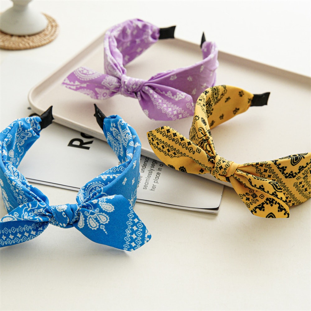 Fashion Paisley Bandana Headband for Women, Cute Rabbit Ear Hair Band, Top Knotted Bow Turban Headwrap Accessories