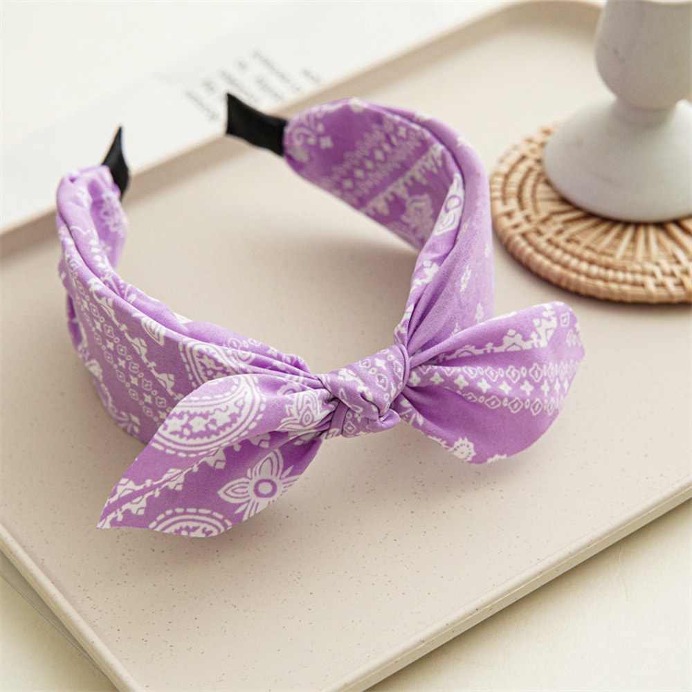 Fashion Paisley Bandana Headband for Women, Cute Rabbit Ear Hair Band, Top Knotted Bow Turban Headwrap Accessories