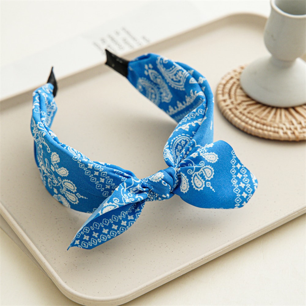 Fashion Paisley Bandana Headband for Women, Cute Rabbit Ear Hair Band, Top Knotted Bow Turban Headwrap Accessories