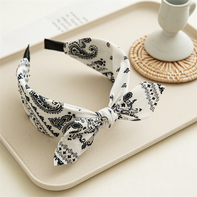 Fashion Paisley Bandana Headband for Women, Cute Rabbit Ear Hair Band, Top Knotted Bow Turban Headwrap Accessories