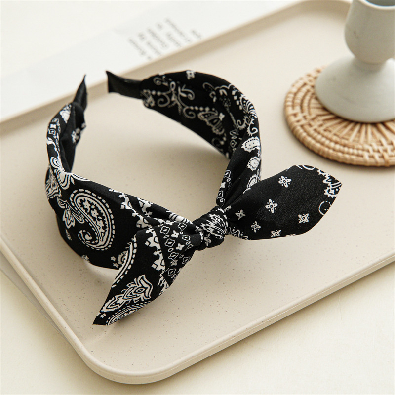 Fashion Paisley Bandana Headband for Women, Cute Rabbit Ear Hair Band, Top Knotted Bow Turban Headwrap Accessories