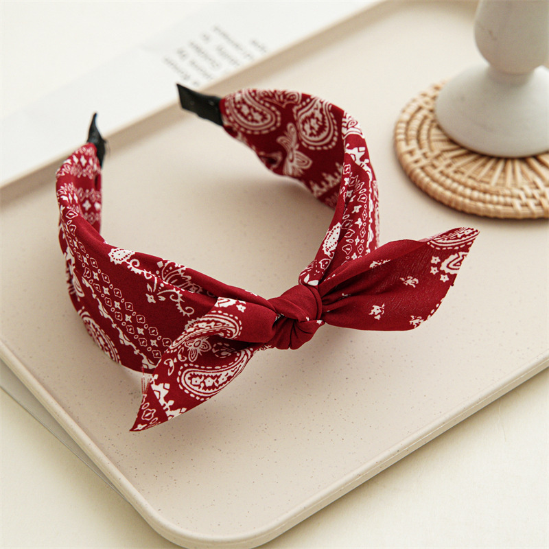 Fashion Paisley Bandana Headband for Women, Cute Rabbit Ear Hair Band, Top Knotted Bow Turban Headwrap Accessories