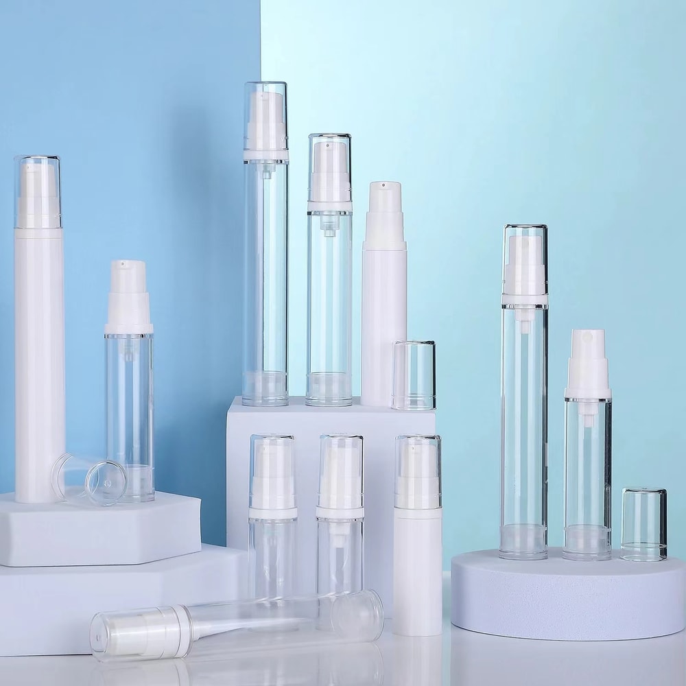 Airless Pump Press Containers, Empty Plastic Vacuum Lotion Bottles for Cosmetics Skincare Travel Dispenser