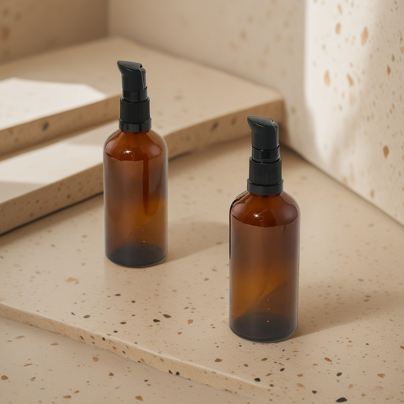 Foundation Cream Container, Cleansing Oil Shampoo Travel Accessorie, Refillable Amber Glass Pump