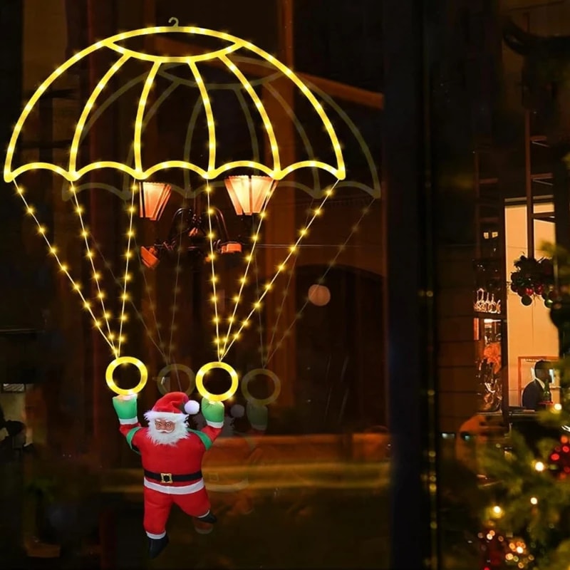 USB Powered LED Christmas Parachute Lights with Santa Claus for Balcony, Roof Eave, Garden Holiday Decor