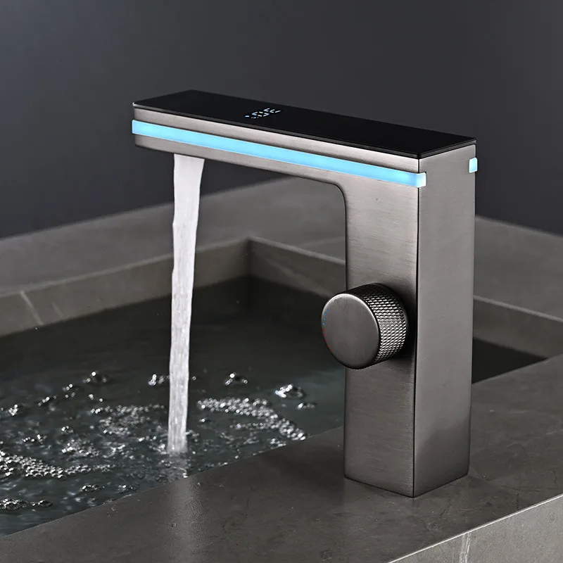 Intelligent LED Brass Deck Mounted Digital Display Bathroom Basin Faucet, Sink Vanity Tap, Hot Cold Water Mixer