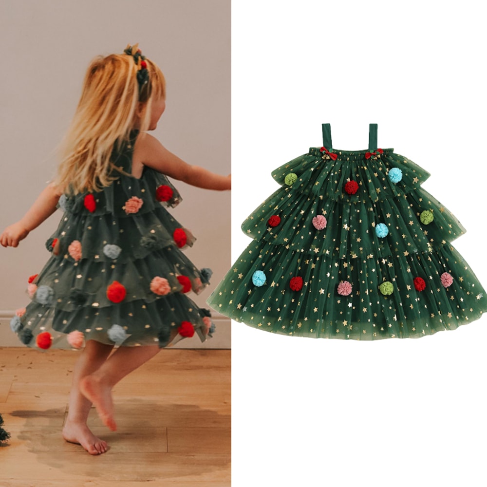 Star Lace Layered Tulle Sundress, Girls Christmas and Valentines Dress with Plush Ball Strap