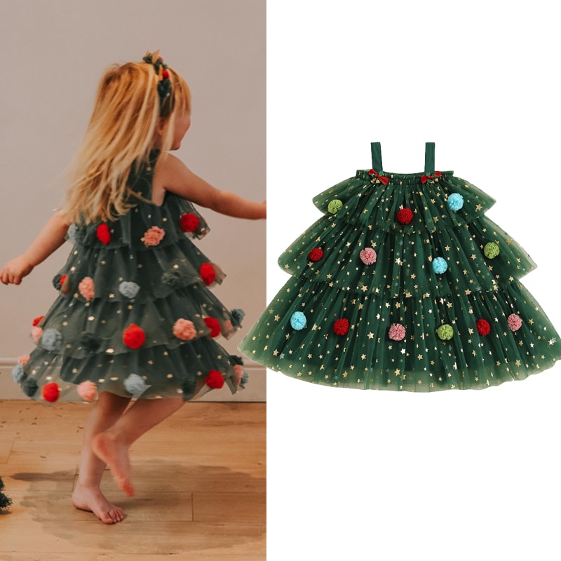 Star Lace Layered Tulle Sundress, Girls Christmas and Valentines Dress with Plush Ball Strap