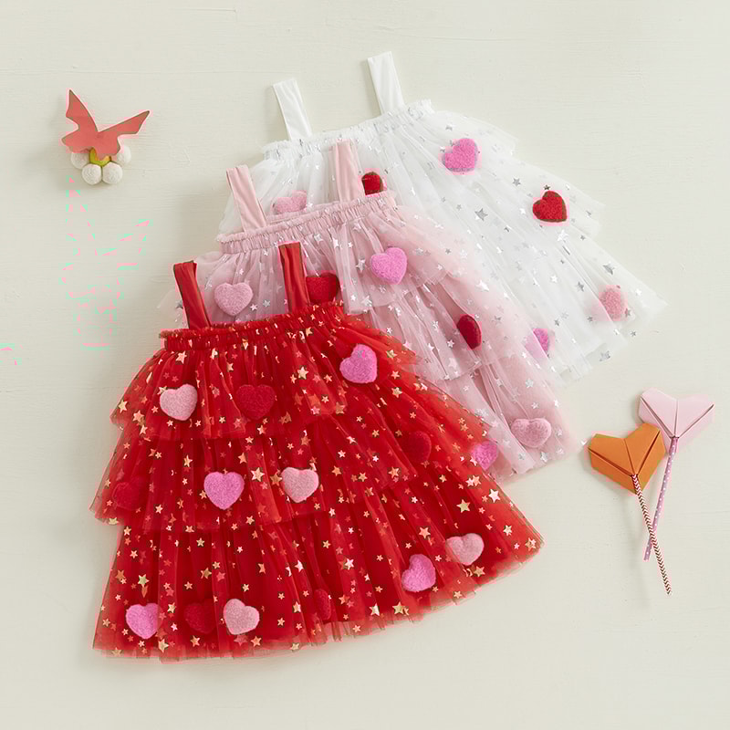 Star Lace Layered Tulle Sundress, Girls Christmas and Valentines Dress with Plush Ball Strap