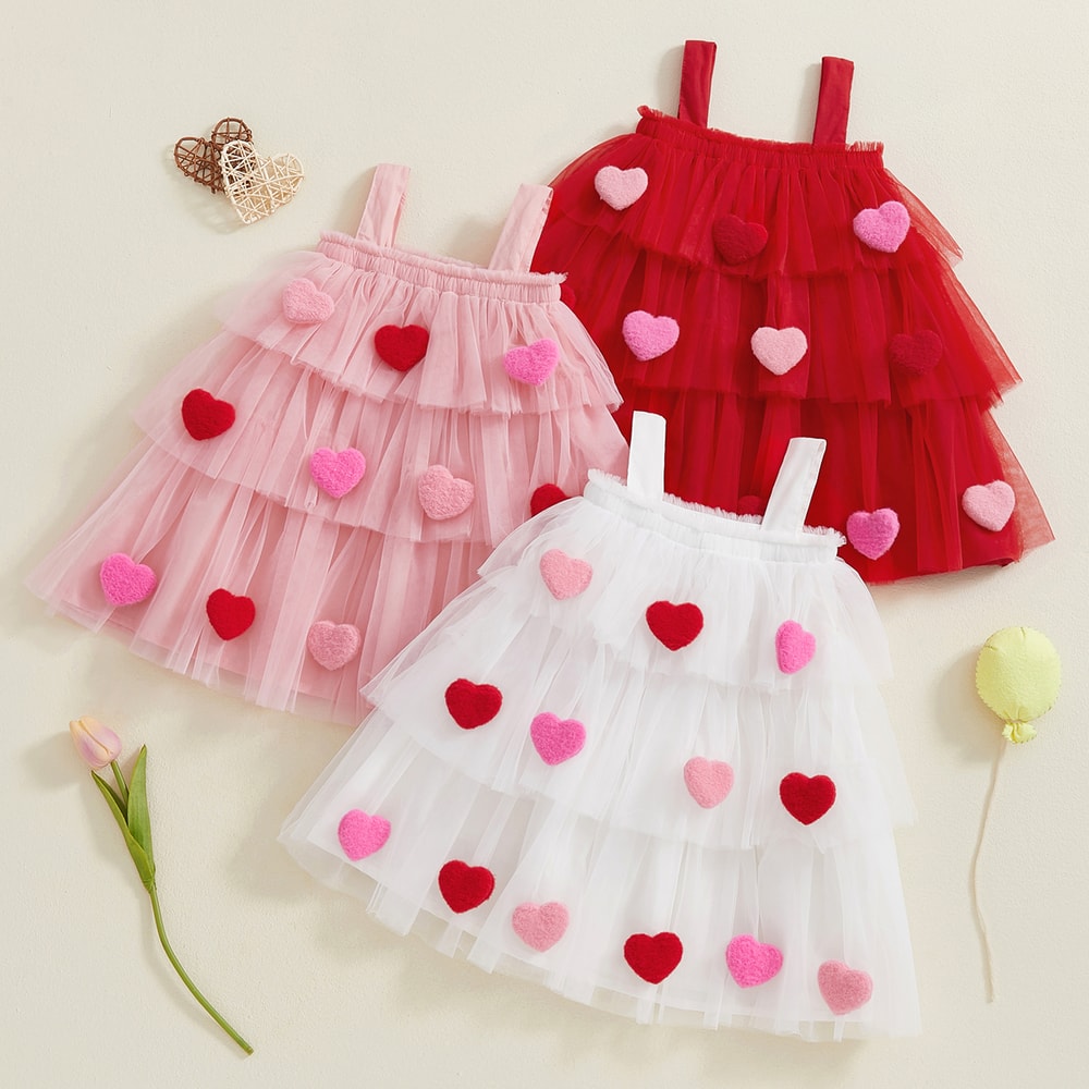 Star Lace Layered Tulle Sundress, Girls Christmas and Valentines Dress with Plush Ball Strap