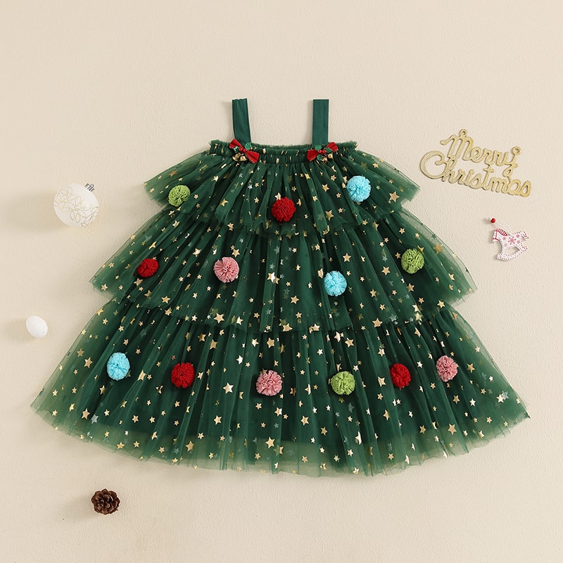 Star Lace Layered Tulle Sundress, Girls Christmas and Valentines Dress with Plush Ball Strap