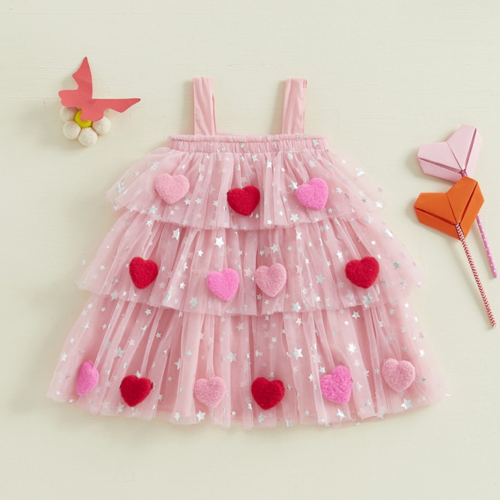 Star Lace Layered Tulle Sundress, Girls Christmas and Valentines Dress with Plush Ball Strap