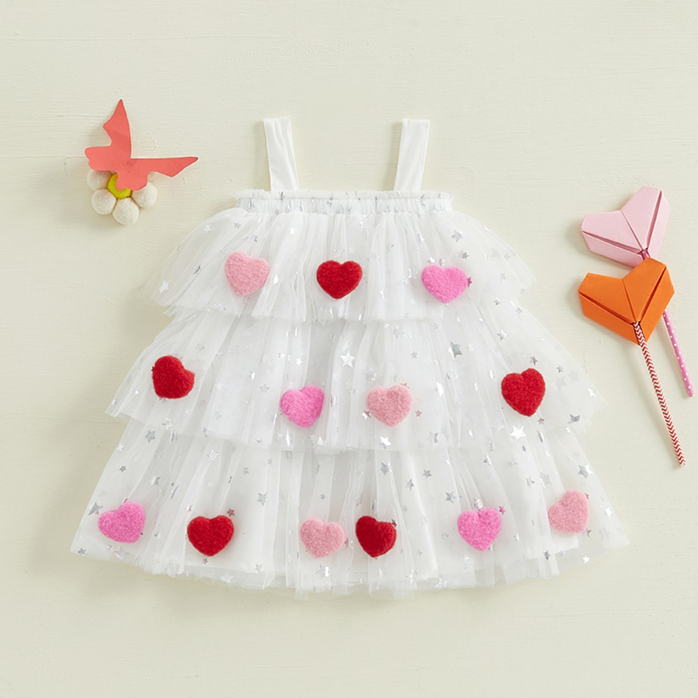 Star Lace Layered Tulle Sundress, Girls Christmas and Valentines Dress with Plush Ball Strap