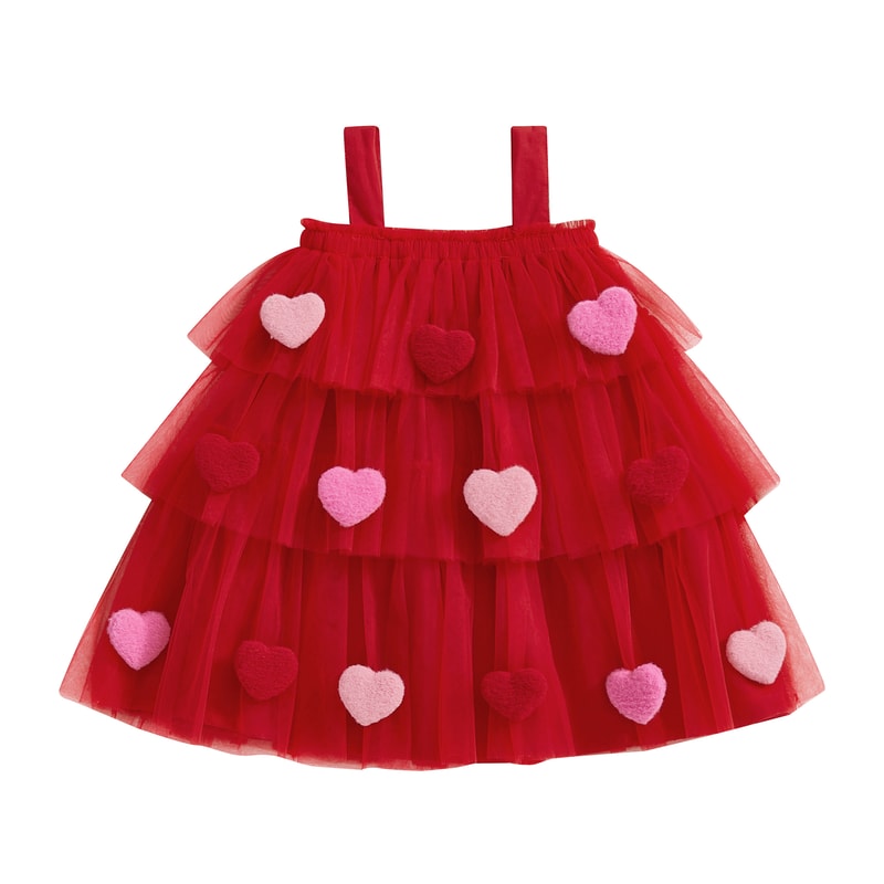 Star Lace Layered Tulle Sundress, Girls Christmas and Valentines Dress with Plush Ball Strap