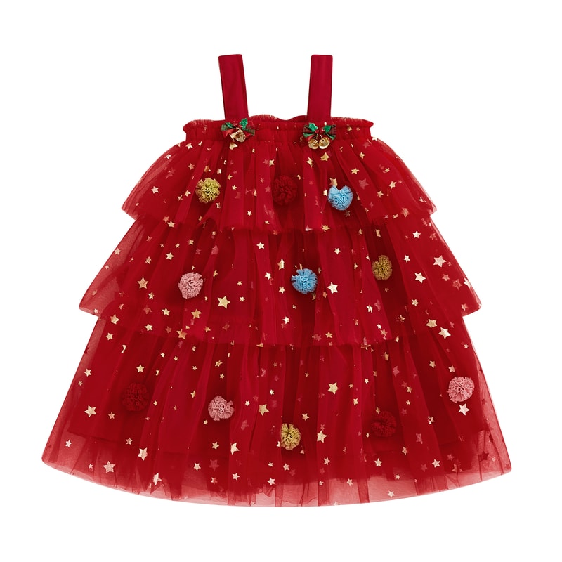 Star Lace Layered Tulle Sundress, Girls Christmas and Valentines Dress with Plush Ball Strap