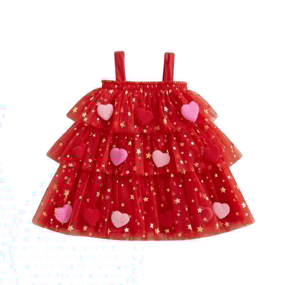 Star Lace Layered Tulle Sundress, Girls Christmas and Valentines Dress with Plush Ball Strap