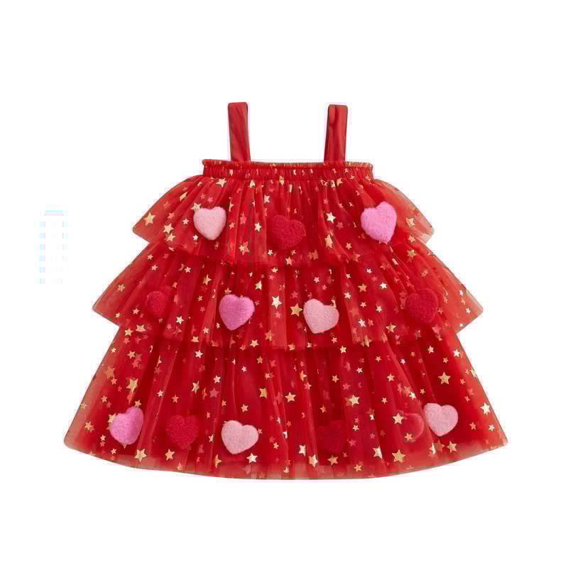 Star Lace Layered Tulle Sundress, Girls Christmas and Valentines Dress with Plush Ball Strap