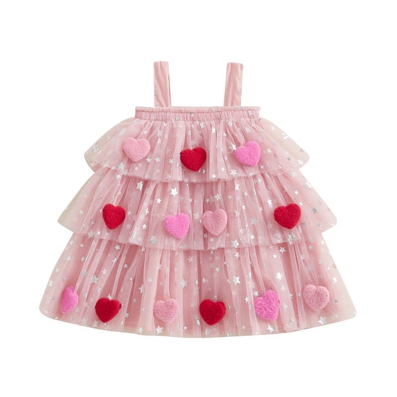 Star Lace Layered Tulle Sundress, Girls Christmas and Valentines Dress with Plush Ball Strap