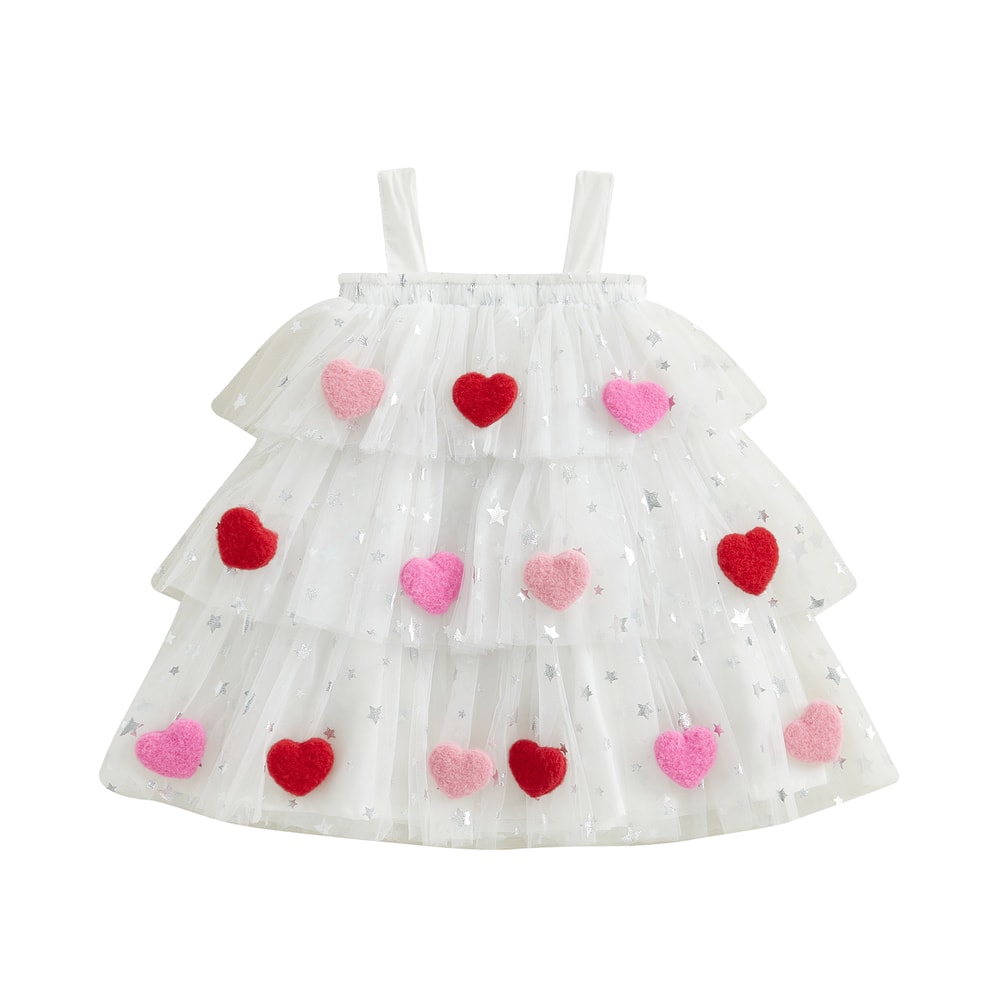 Star Lace Layered Tulle Sundress, Girls Christmas and Valentines Dress with Plush Ball Strap