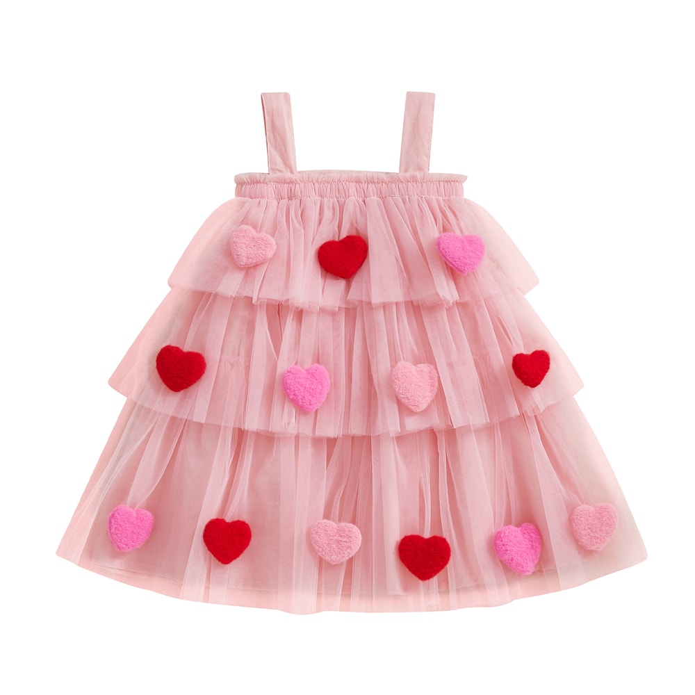 Star Lace Layered Tulle Sundress, Girls Christmas and Valentines Dress with Plush Ball Strap