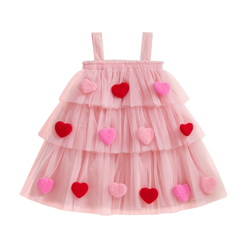 Star Lace Layered Tulle Sundress, Girls Christmas and Valentines Dress with Plush Ball Strap