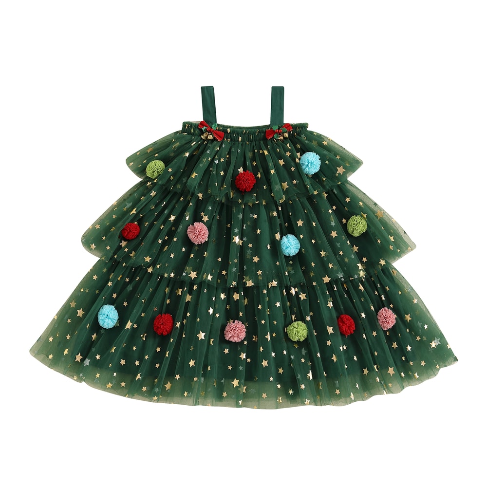 Star Lace Layered Tulle Sundress, Girls Christmas and Valentines Dress with Plush Ball Strap