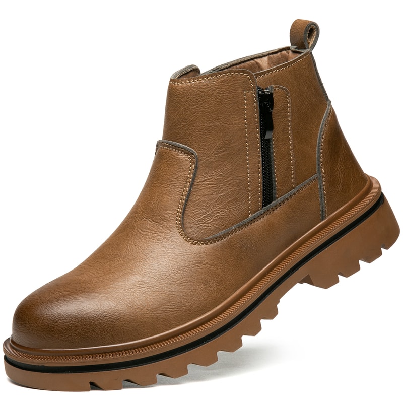 Men Brown Leather Steel Toe Boots Safety Work Protection Shoes PunctureProof Side Zipper Design 7